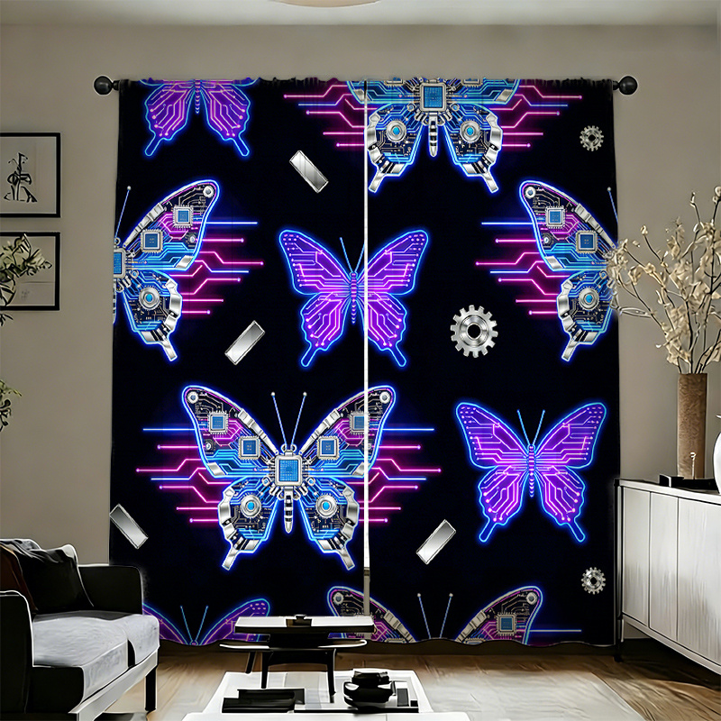 Office Tech Room - 2pcs Cyberpunk Butterfly Curtains Neon Circuit
