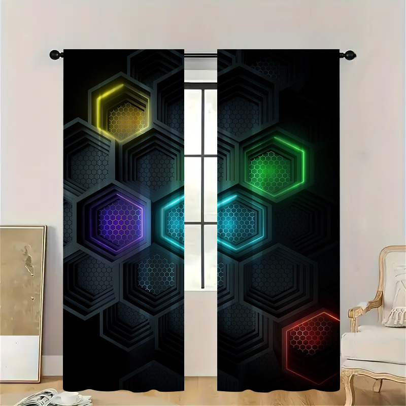 Office Tech Room - 2pcs Modern Geometric Curtains with Rod