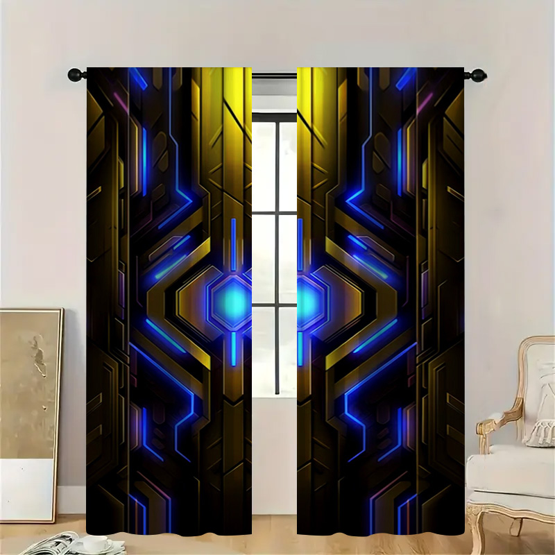 Office Tech Room - 2pcs Geometric Tech Curtains with Rod