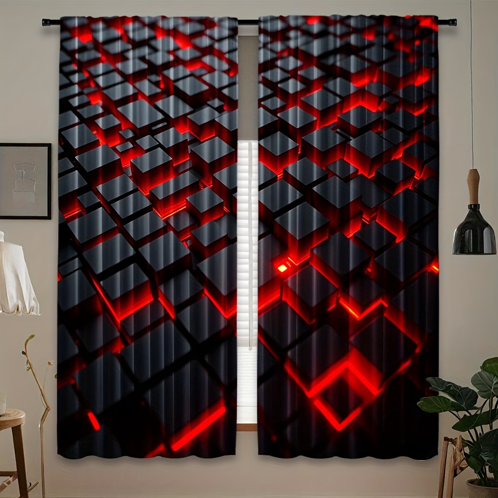 Office Tech Room - 2pcs Geometric Curtains Red Black 3D